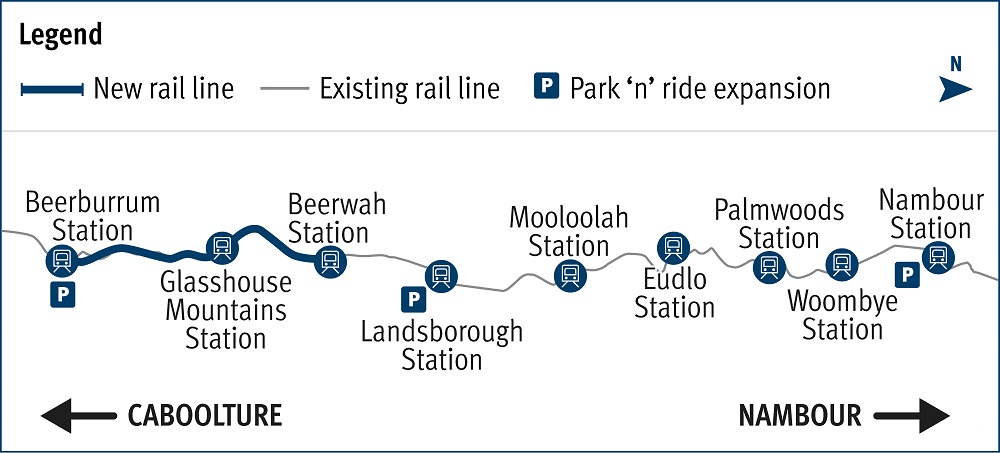 Project location map of the new rail line that will run from Beerburrum Station to Glasshouse Mountains Station to Beerwah Station. 