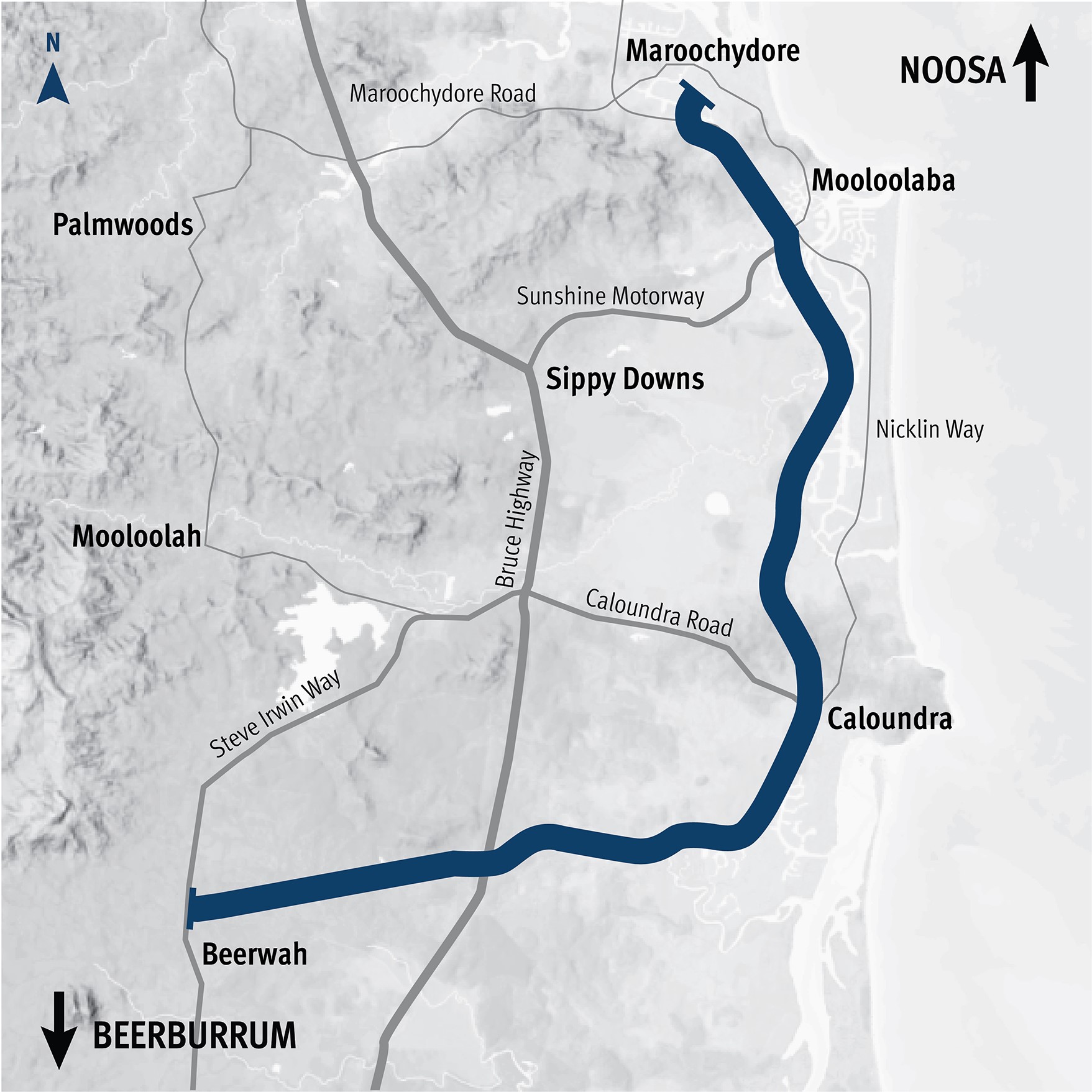 A map showing the location of the proposed rail corridor for the Beerwah to Maroochydore rail extension.