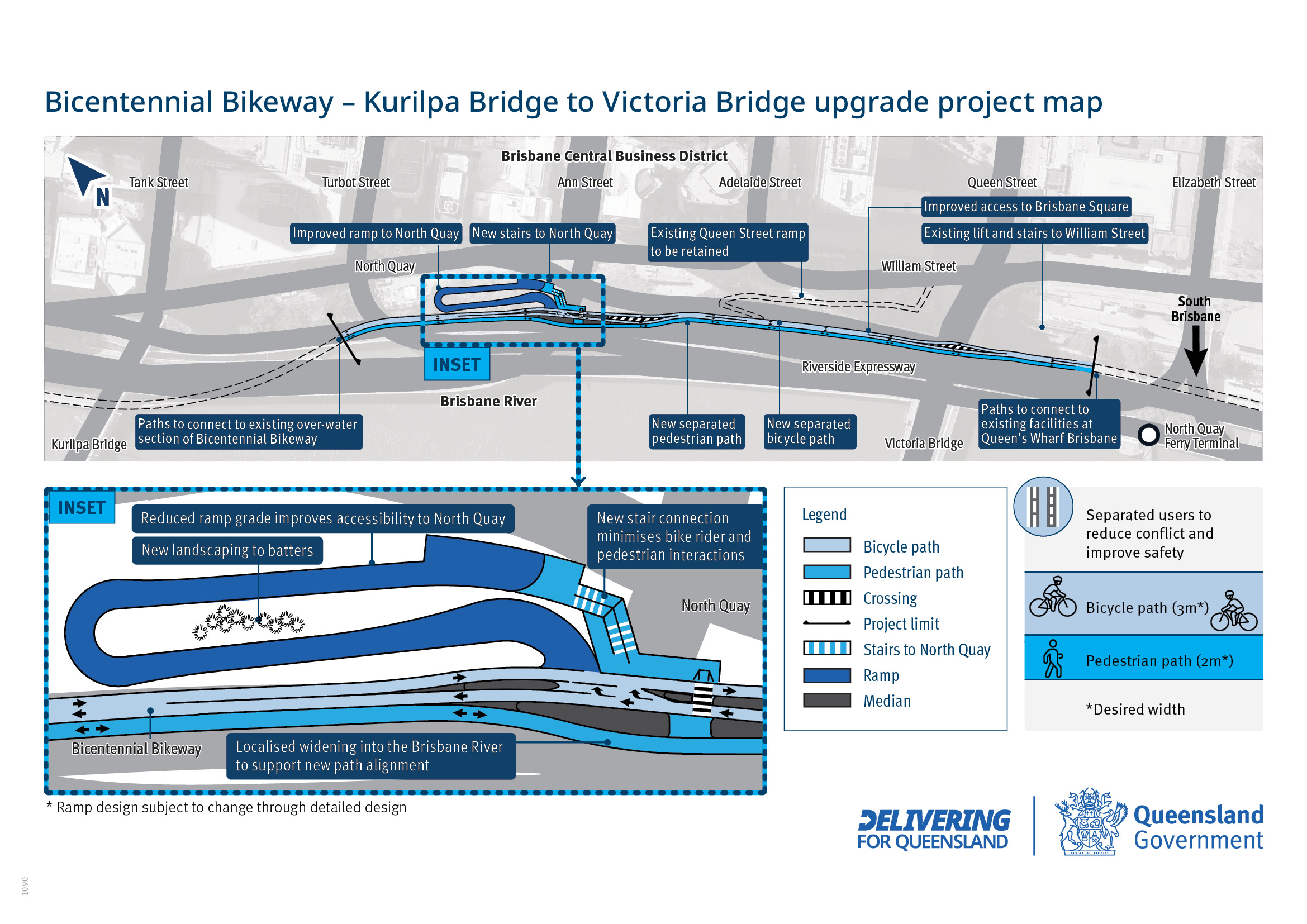 Bicentennial Bikeway Kurilpa Bridge to Victoria Bridge design active transport upgrades project map