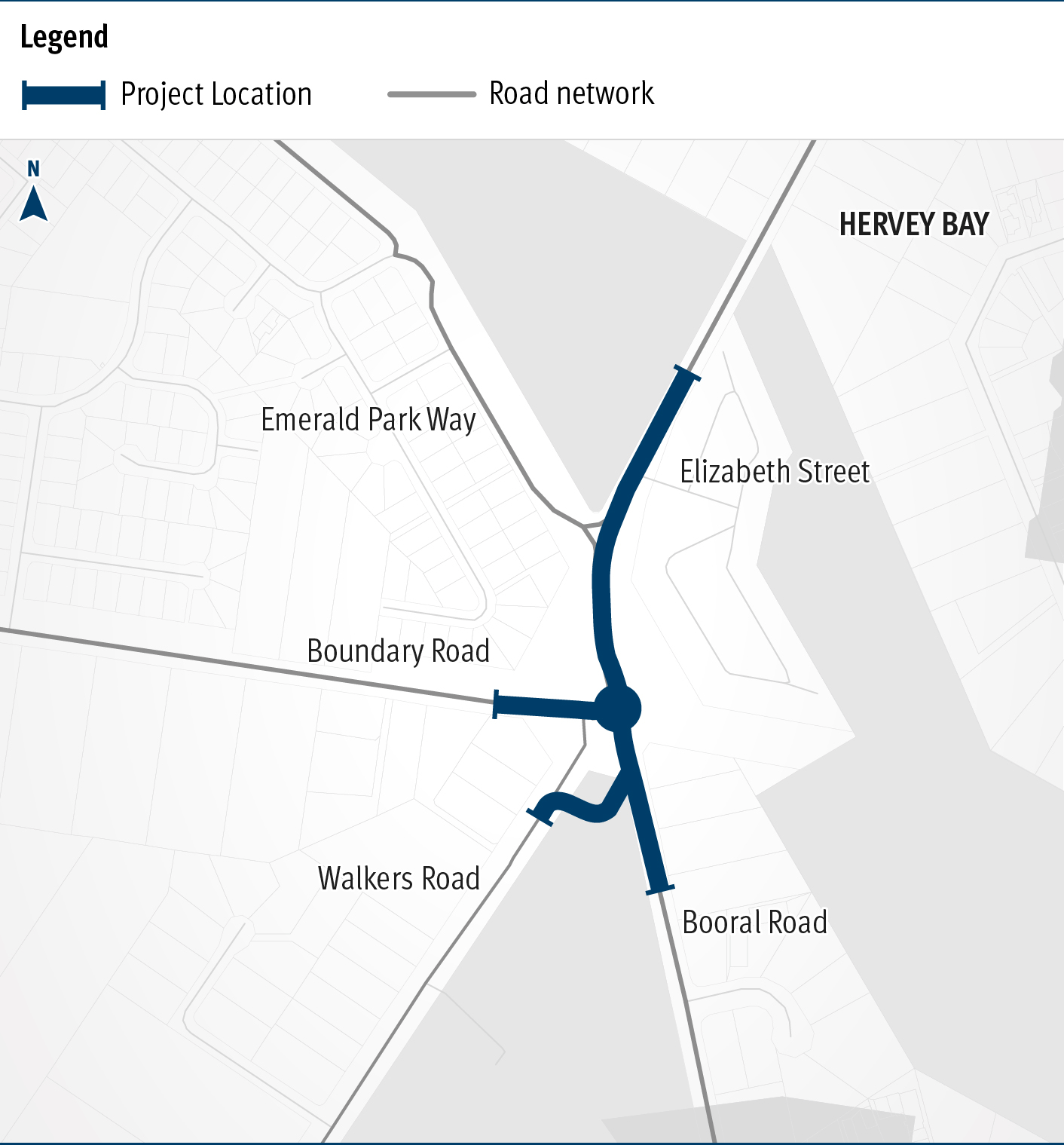 The map shows the locality of the proposed Booral Road and Boundary Road intersection upgrade. Hervey Bay is located north-east of the project location. A solid blue line indicates the project extent, which encompasses the Booral Road and Boundary Road intersection, and also extends along Booral Road to the north past the Emerald Park Way intersection and to the south along Booral Road past the proposed new Walkers Road intersection. Walkers Road has been realigned to access Booral Road to the south of the Booral Road and Boundary Road intersection. The local road network, including where Booral Road turns into Elizabeth Street, is also highlighted on the map.