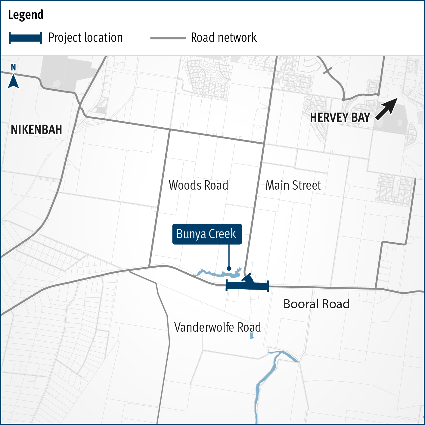 Alternative text: The map shows the locality of the proposed Booral Road, Bunya Creek floodway and Main Street intersection upgrade. Nikenbah is located to the north and Hervey Bay to the north-east. Bunya Creek is located just north west of the proposed project location. A solid dark blue line indicates the project extent, which encompasses the Booral Road and Main Street intersection as well as the Bunya Creek floodway along Booral Road, which is located just west of the intersection. The local road network, including Woods Road and Vanderwolfe Road are also highlighted on the map.