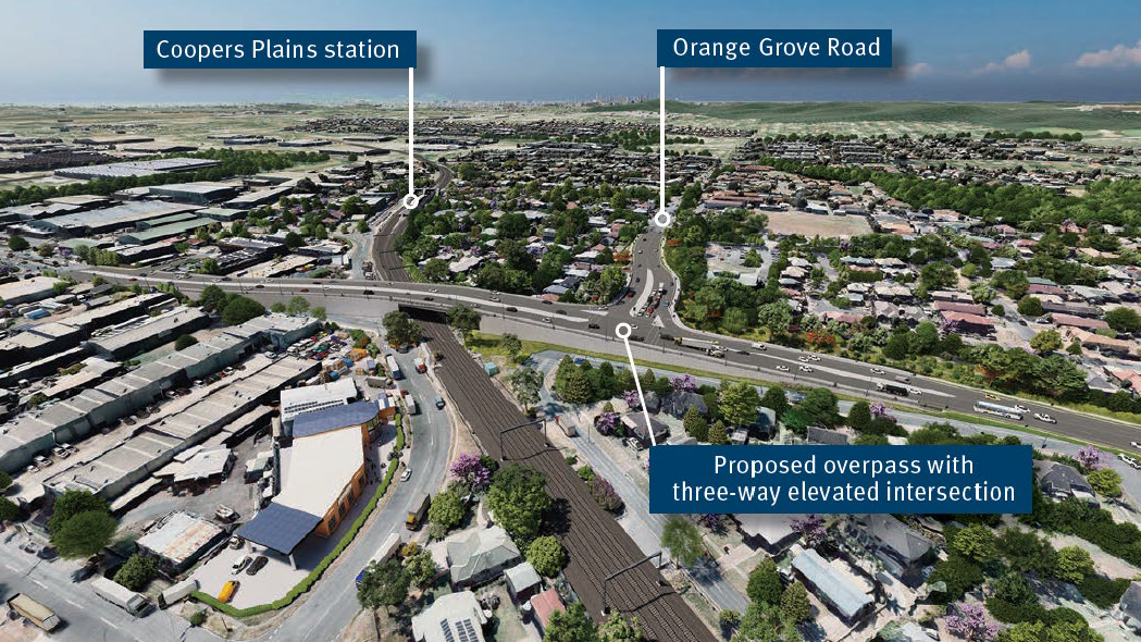 Artist impression of option 2: Boundary Road overpass with a 3-way elevated intersection.