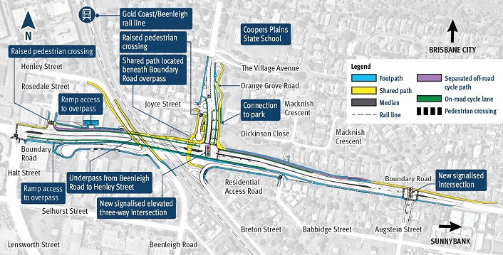The Boundary Road Level Crossing Project Map displays the following attributes: 1. The Gold Coast / Beenleigh rail line 2. raised pedestrian crossings 3. a shared path located beneath Boundary Road overpass 4. ramp access to overpass at 2 locations 5.an underpass from Beenleigh Road to Henley Street 6. 2 new signalised intersections 7. A new connection to a park.