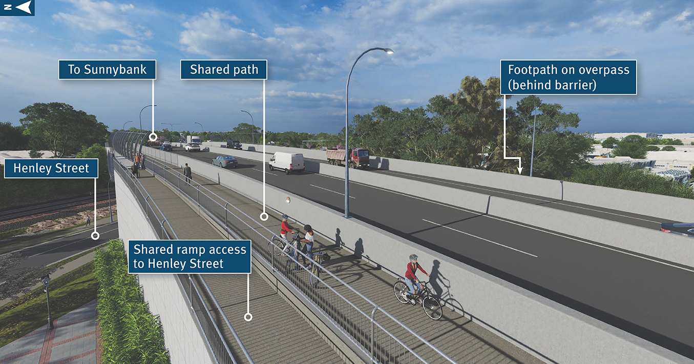 Active transport connection on Boundary Road overpass, looking towards Sunnybank, with Henley Street to left of the overpass.