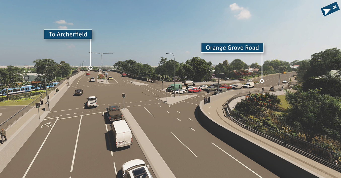 New elevated three-way intersection of Boundary Road overpass and Orange Grove Road, looking towards Archerfield.