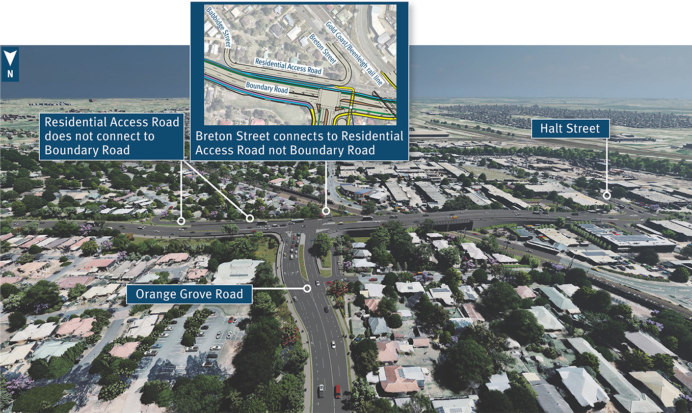 New Orange Grove Road intersection with Boundary Road overpass, looking west towards Acacia Ridge.