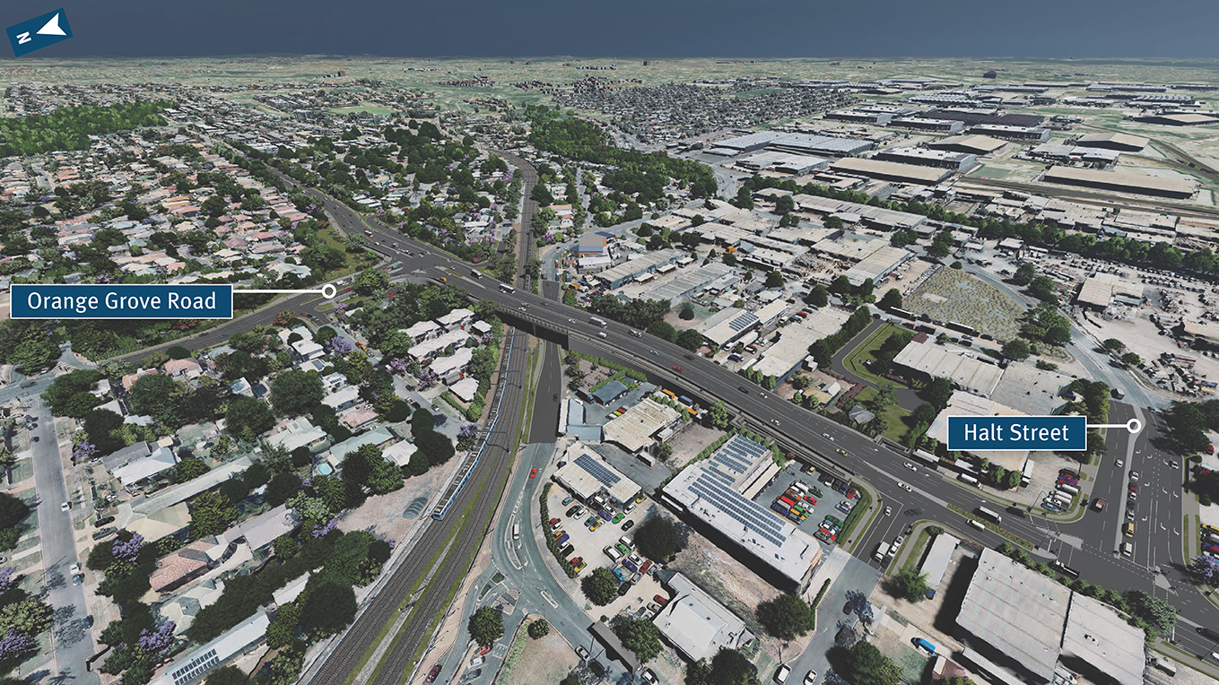 Aerial view, Boundary Road overpass, looking south-west towards Acacia Ridge.