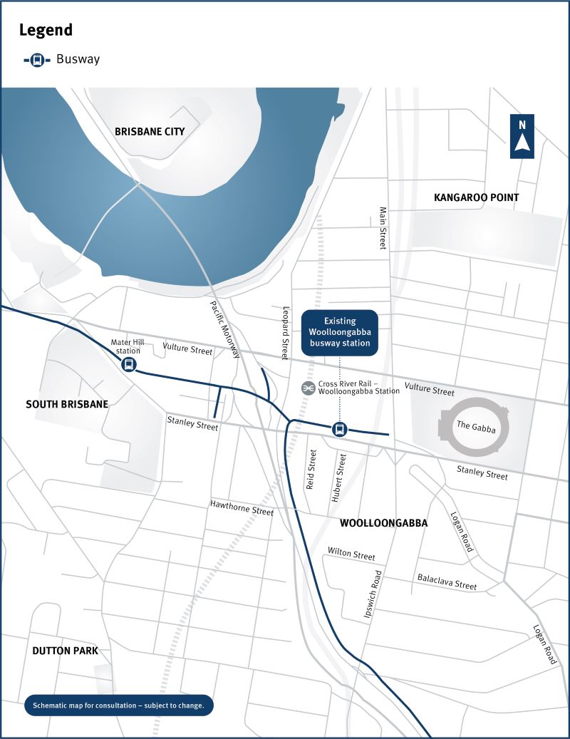 map showing the location of Brisbane metro woollongabba busway station