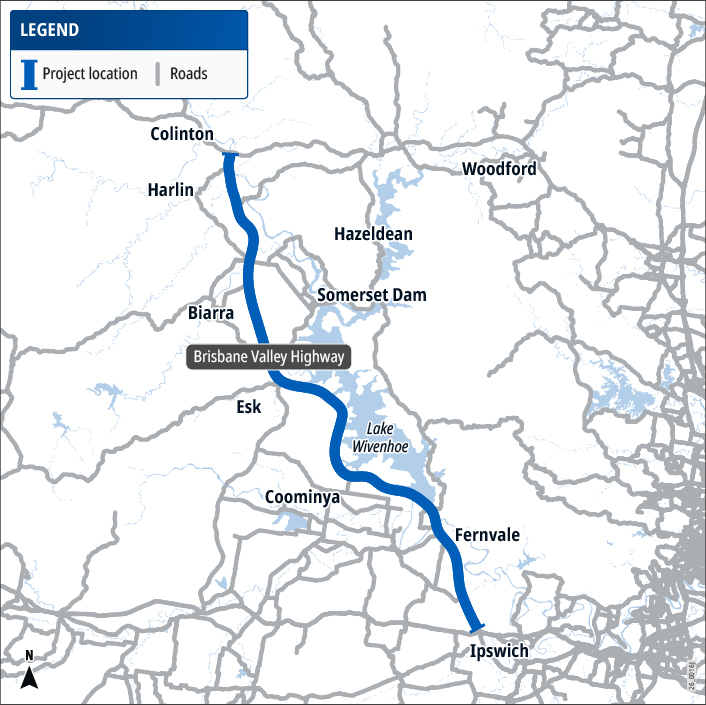Map showing Brisbane Valley Highway from Ipswich to Colinton.