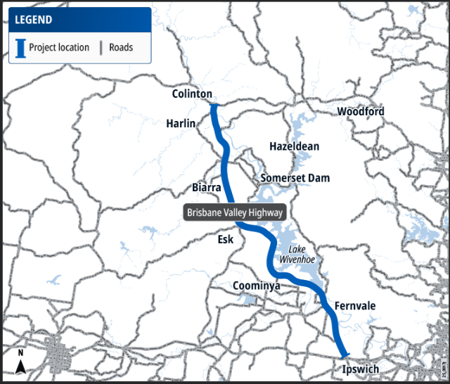Map showing Brisbane Valley Highway from Ipswich to Colinton.