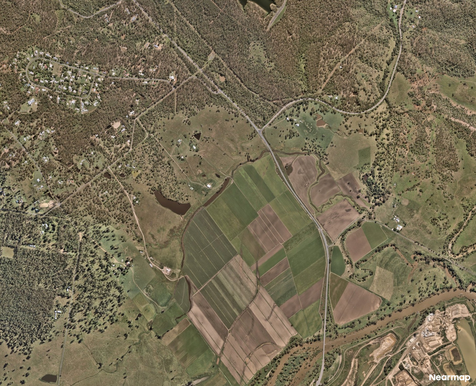 Aerial view of the Brisbane Valley Highway and surrounding area.