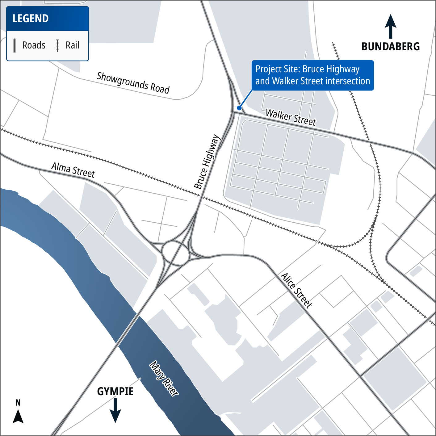Map showing area of project on the Bruce Highway and Walker Street intersection.