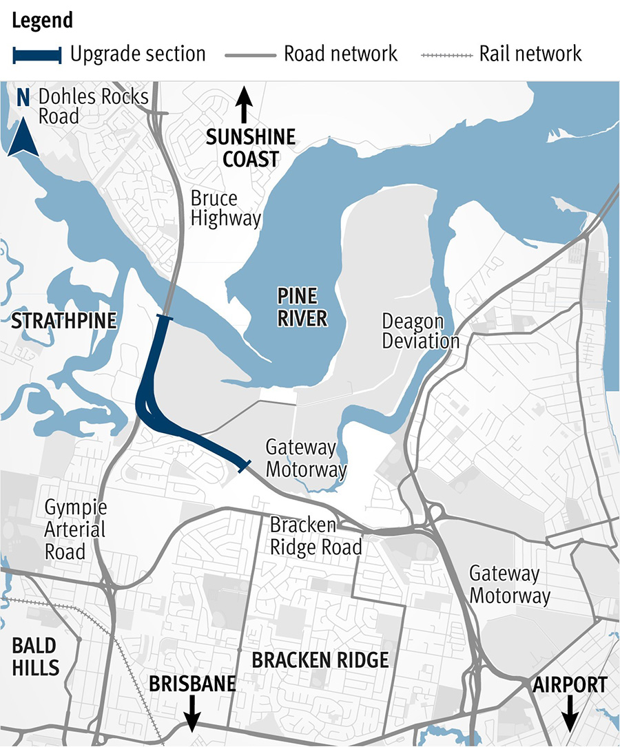 Map showing area of project on Bruce Highway from the Gateway Motorway, Bruce Highway and Gympie Arterial Road Interchange through to the Pine River.
