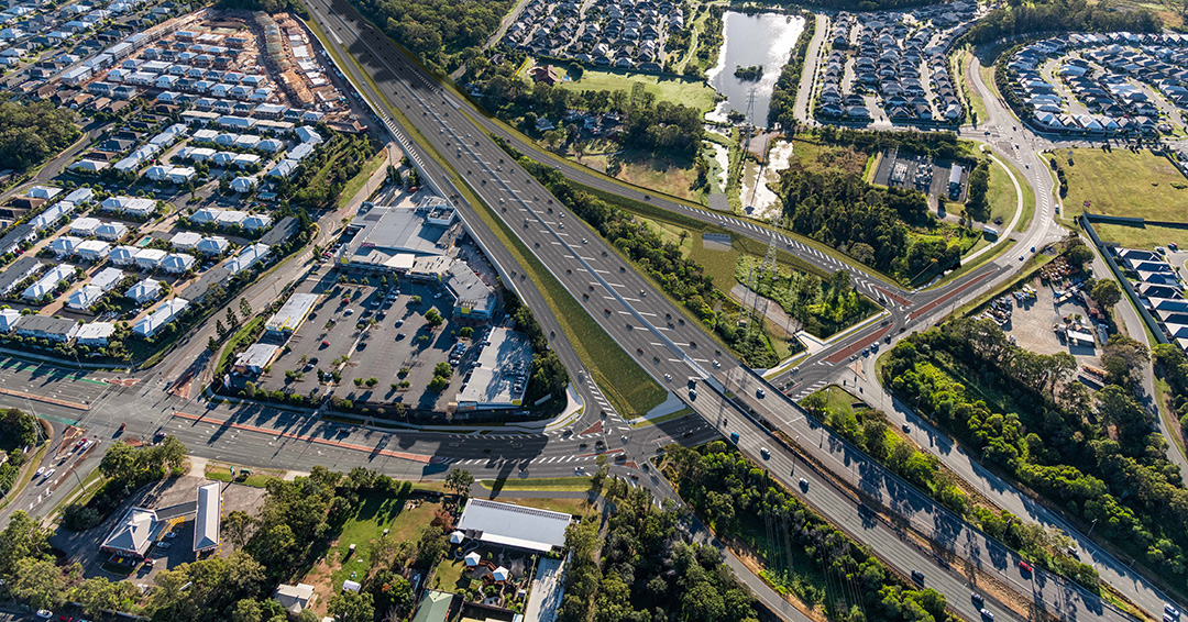 Aerial view of multiple roads and houses