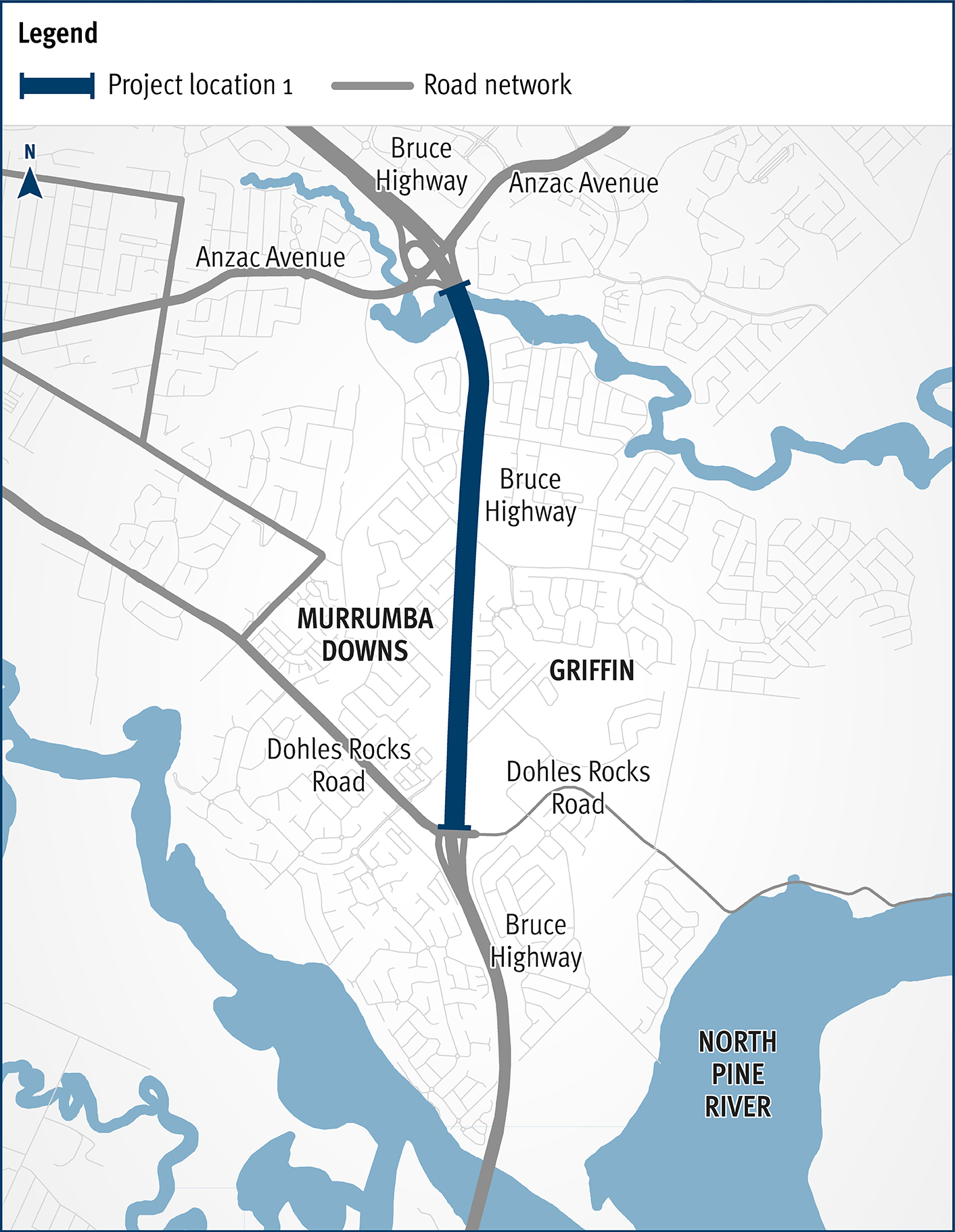 Location map of Bruce Highway (Brisbane-Gympie), Dohles Rocks Road to Anzac Avenue upgrade funding commitment project