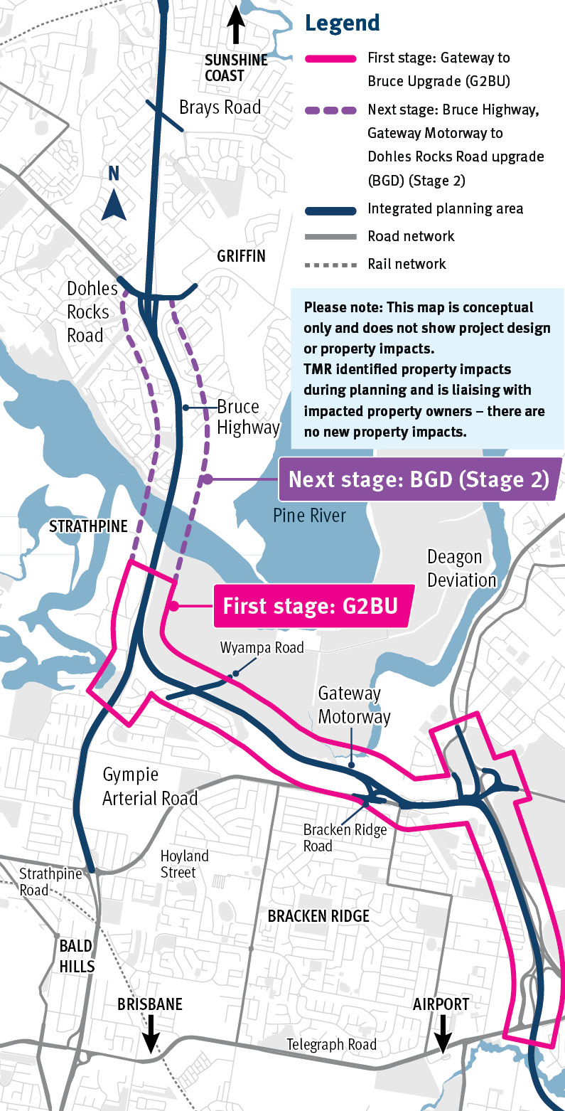 Map depicting Bruce Highway (Brisbane - Gympie), Gateway Motorway to Dohles Rocks Road staged upgrades