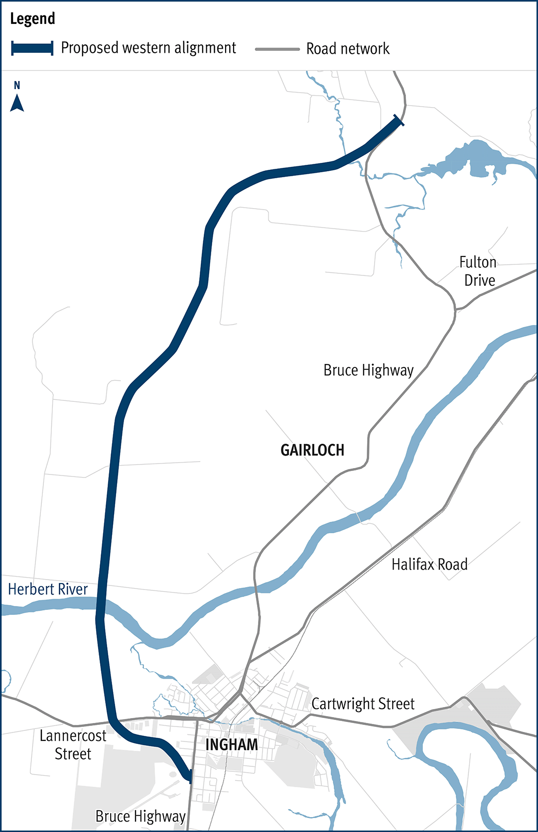 The map shows the locality of the existing Bruce Highway, from south of Ingham, north through the Gairloch floodway and up to the Cardwell Range. Cardwell is northeast of the map. A solid dark blue line west of the Bruce Highway indicates the current proposed Ingham to Cardwell deviation project corridor. This is known as the Western 2A Deviation, which has been gazetted as future state-controlled road. The local road network, including Halifax Road and Lannercost Street are also highlighted on the map.