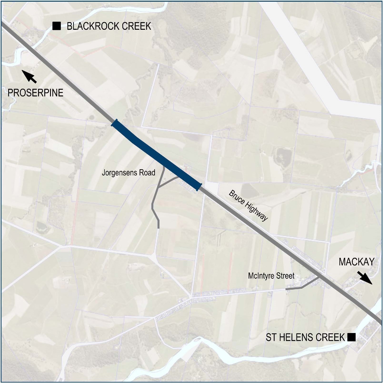 Location of map where works will be completed on Bruce Highway (Mackay - Proserpine), Jumper Creek, upgrade flood immunity project.