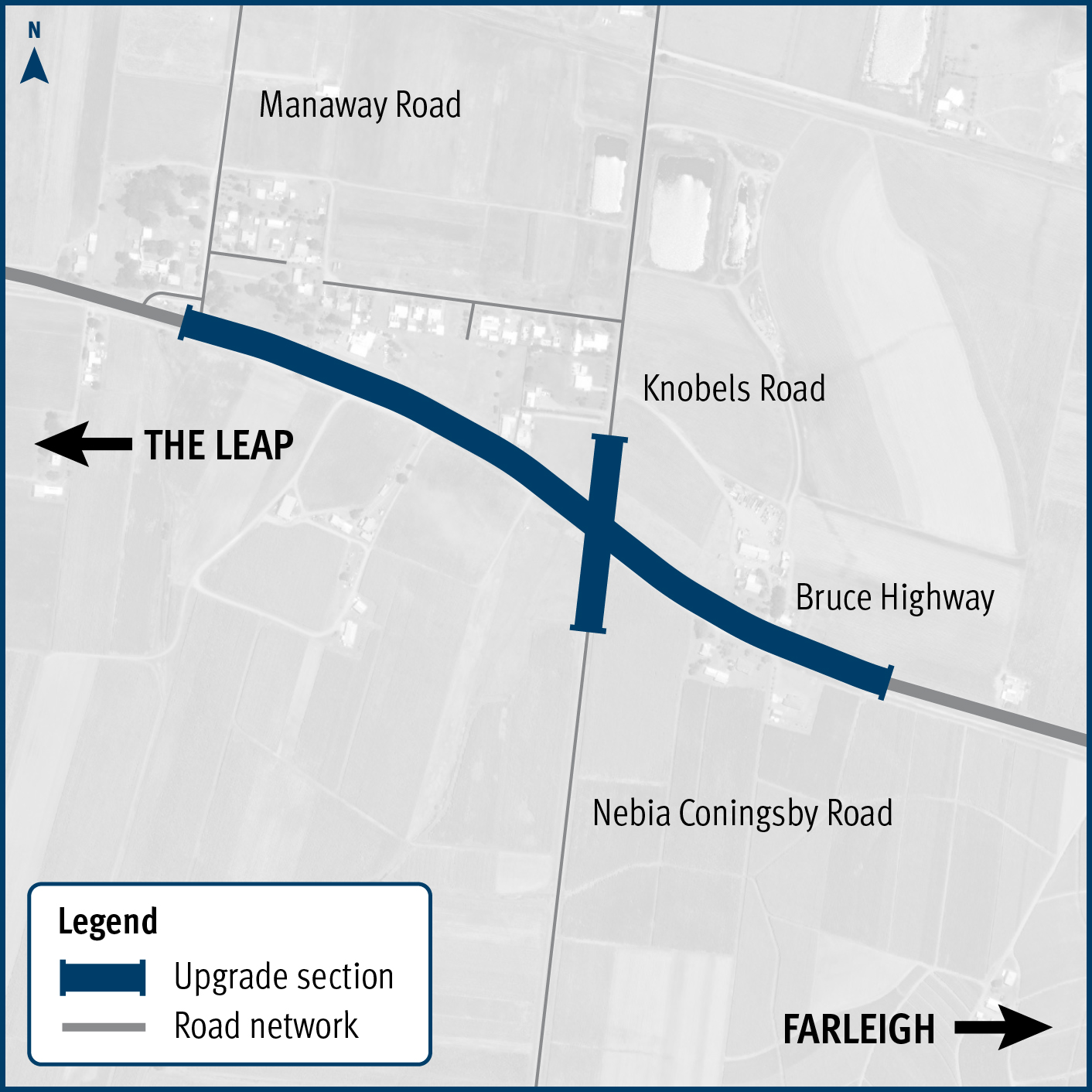 Map showing the location of works being carried out the Bruce Highway (Mackay – Proserpine), Knobels Road, upgrade intersection and approaches project