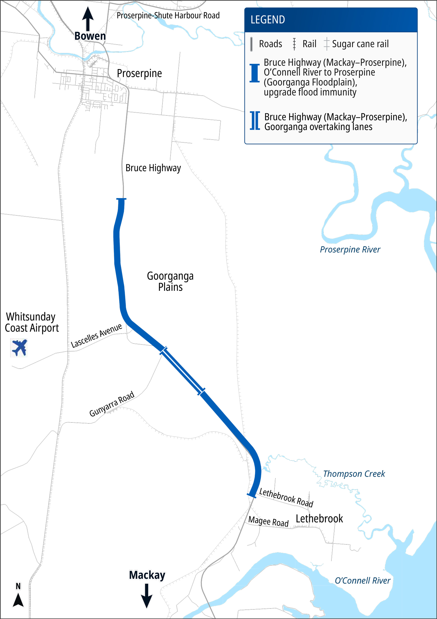 Map showing the 2 locations of a project being delivered on the Bruce Highway between Mackay and Proserpine.