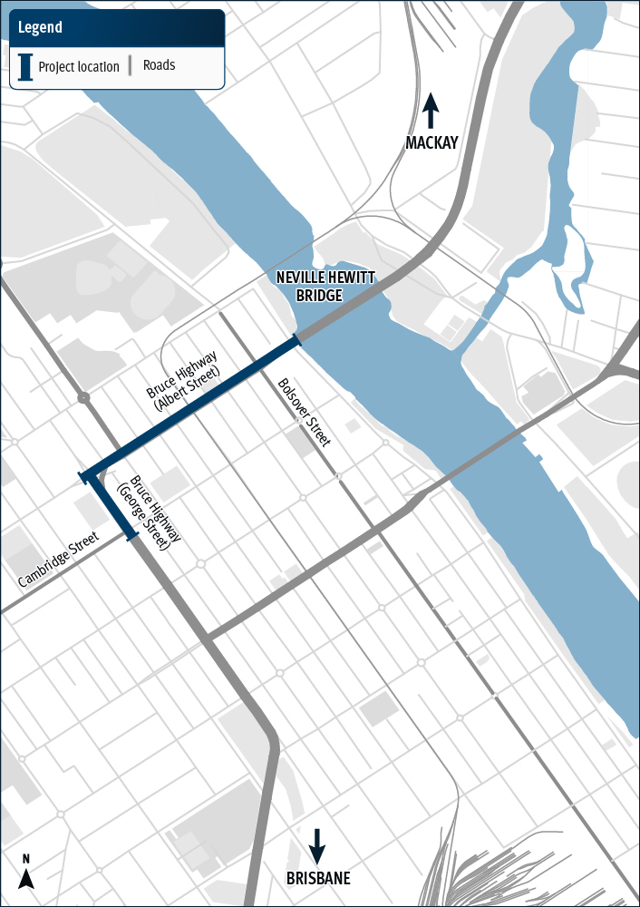 Bruce Highway (Rockhampton–St Lawrence) and Bolsover Street, upgrade intersection project map.
