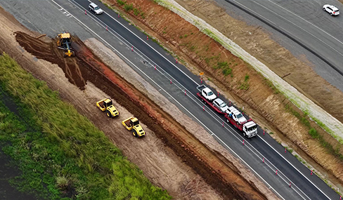 Aerial image of grading works to the Bruce Highway on Charnwood Rd to Granite Ck March 2026