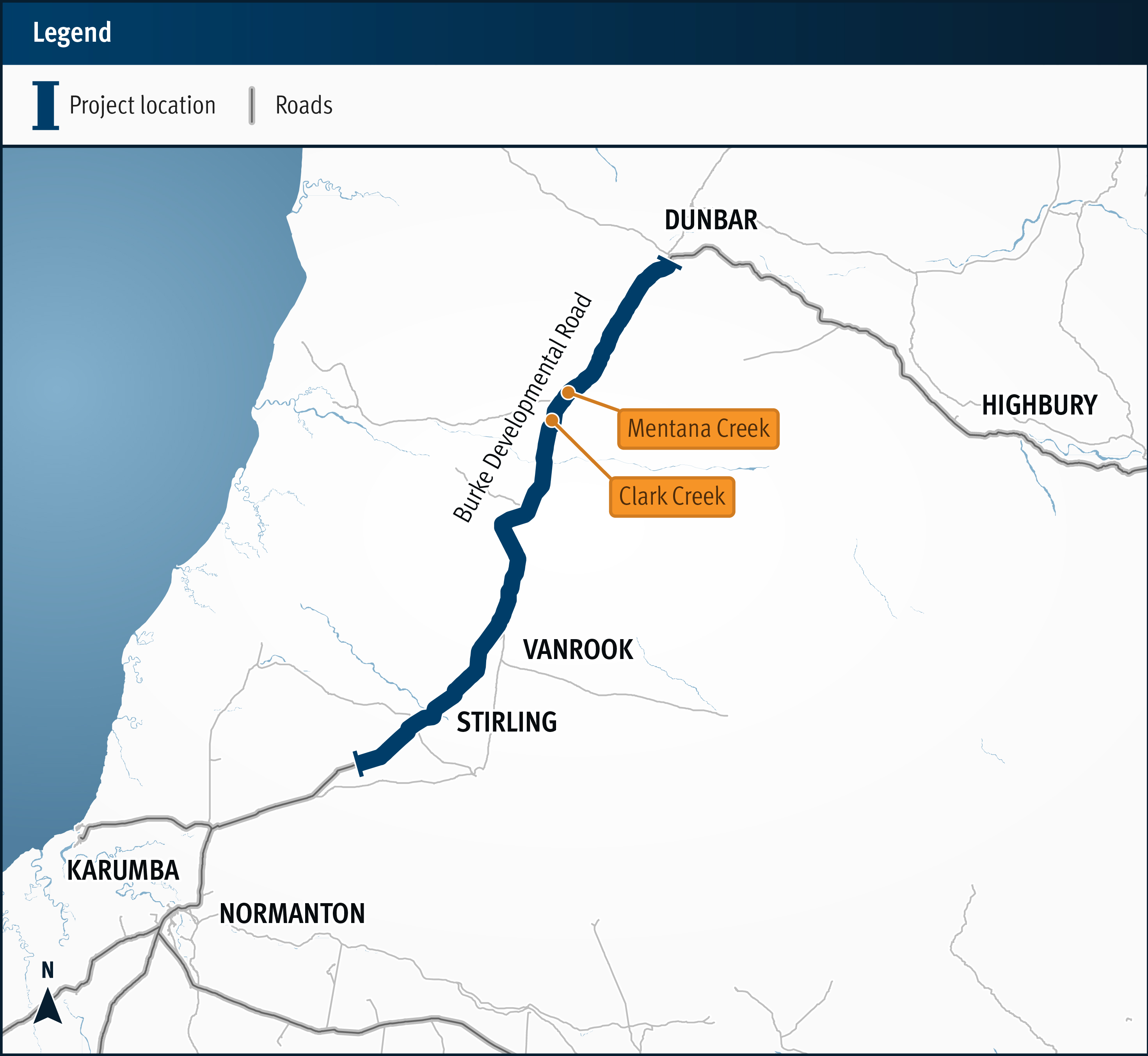 A map of the works show various sections from around 77km through to 138km, with both Clark Creek and Mentana Creek highlighted.