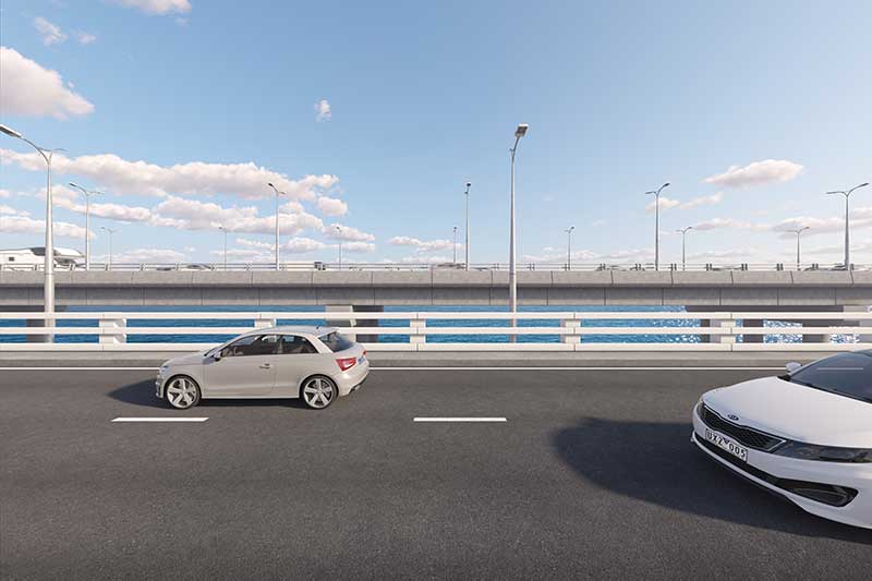 Image: Artist’s impression of the existing bridge with westbound lanes looking north to the future new bridge.