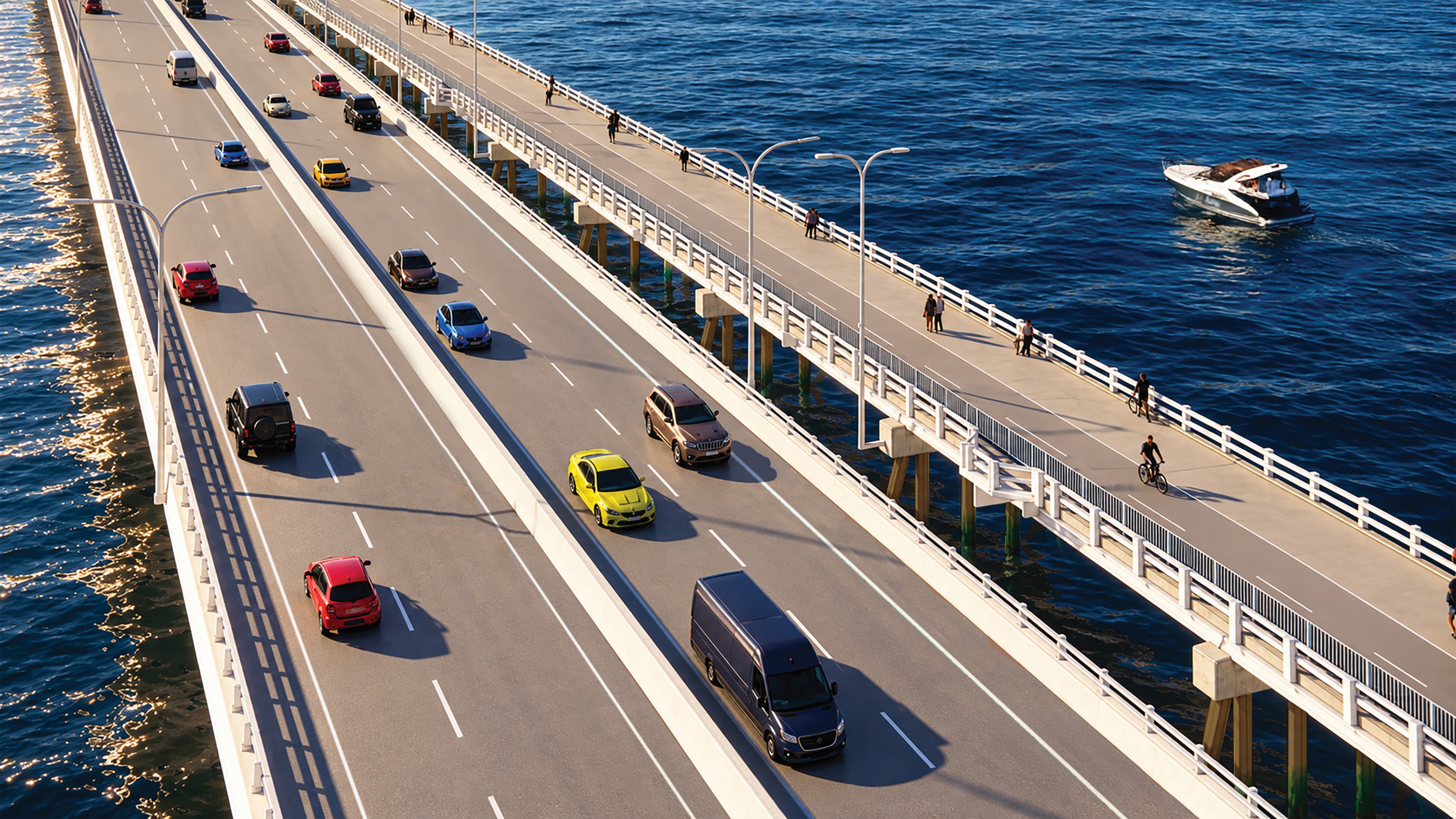 Aerial view of two bridges with motor cars on the left bridge and people on the right bridge over a channel with a boat on the water.