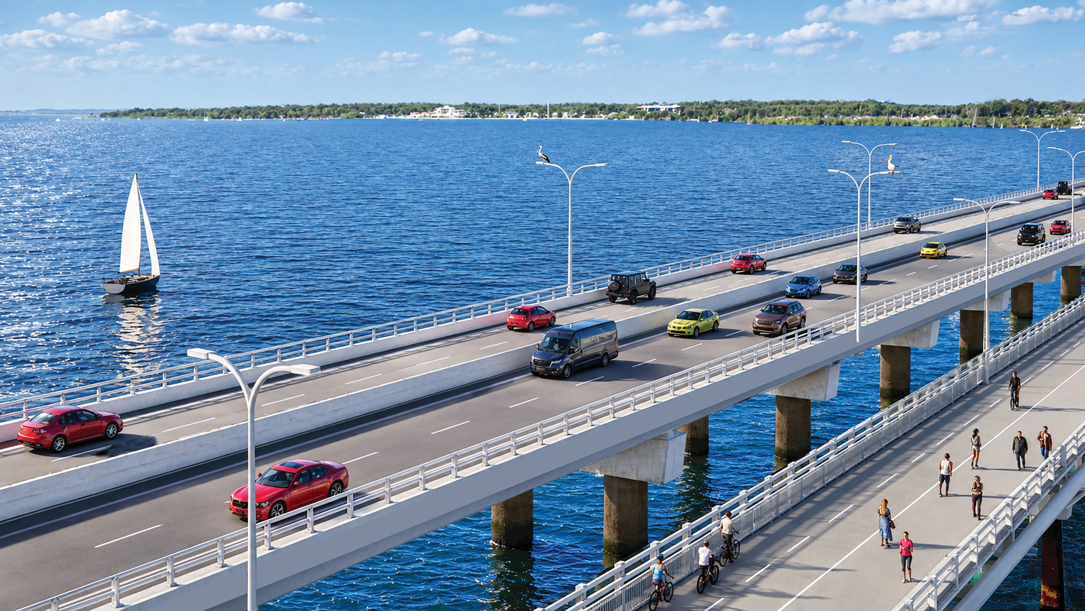 Aerial view of two bridges with motor cars on the left bridge and people on the right bridge over a channel with a boat on the water and a shore line in the background.