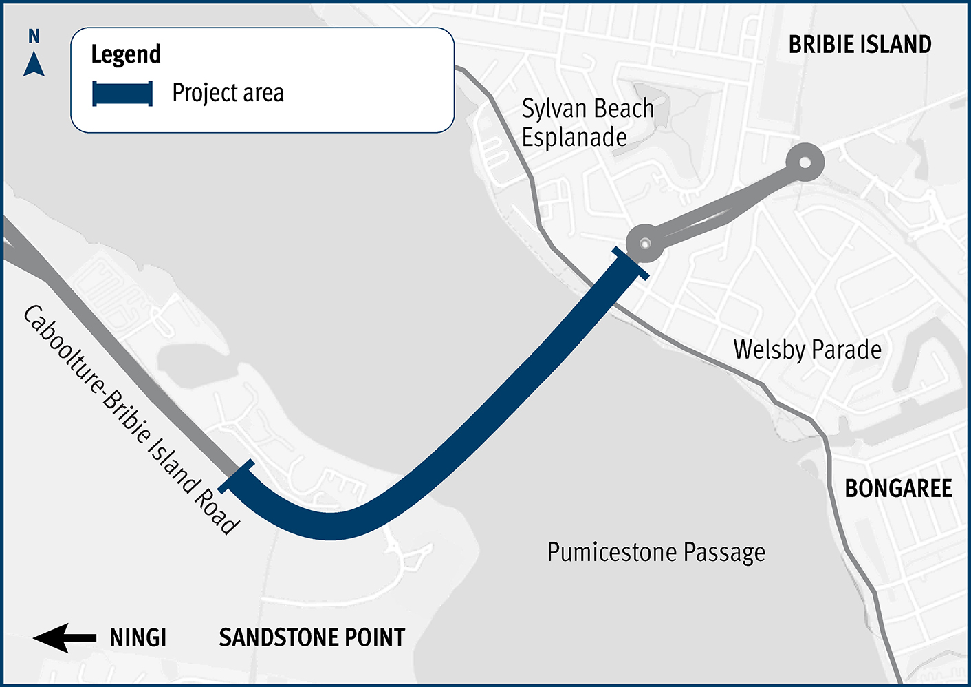 Caboolture Bribie Island Road Bribie Island Bridge planning project map indicating bridge and road project area.