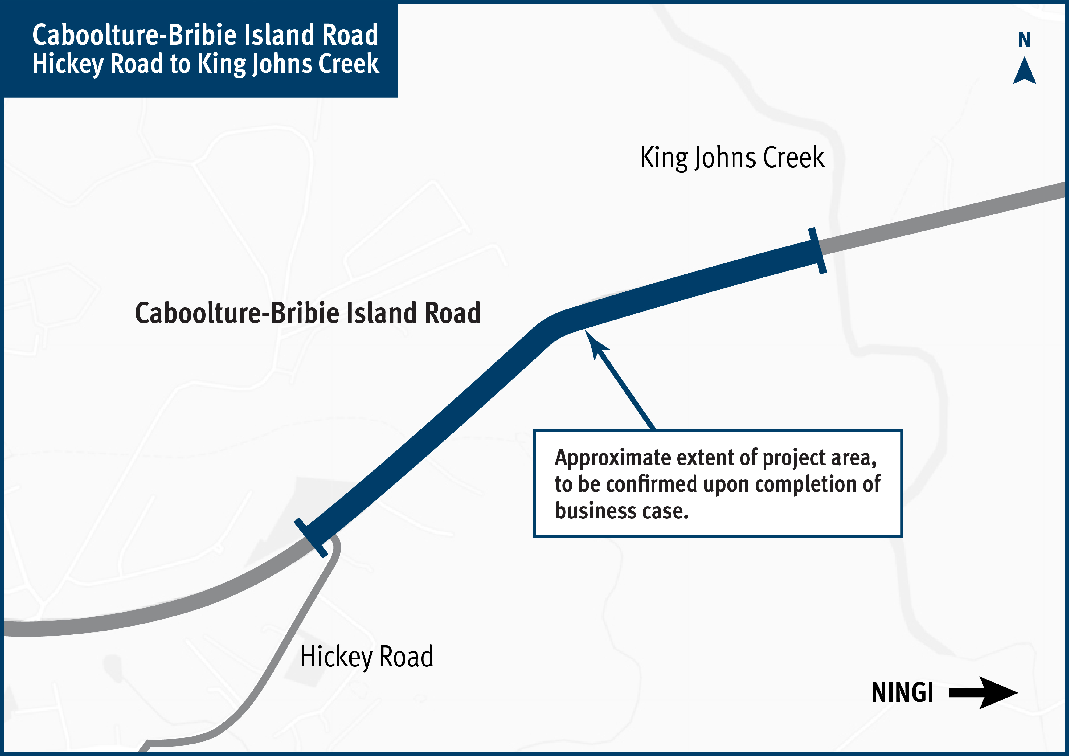 Map showing Caboolture-Bribie Island Road, between Hickey Road and King Johns Creek to indicate scope of the project. 