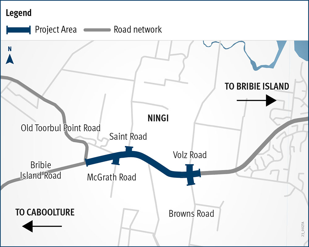 Project area showing from the intersection at Bribie Island Road and Old Toorbul Point Road to the intersection Volz Road, Bribie Island Road and Browns Road.