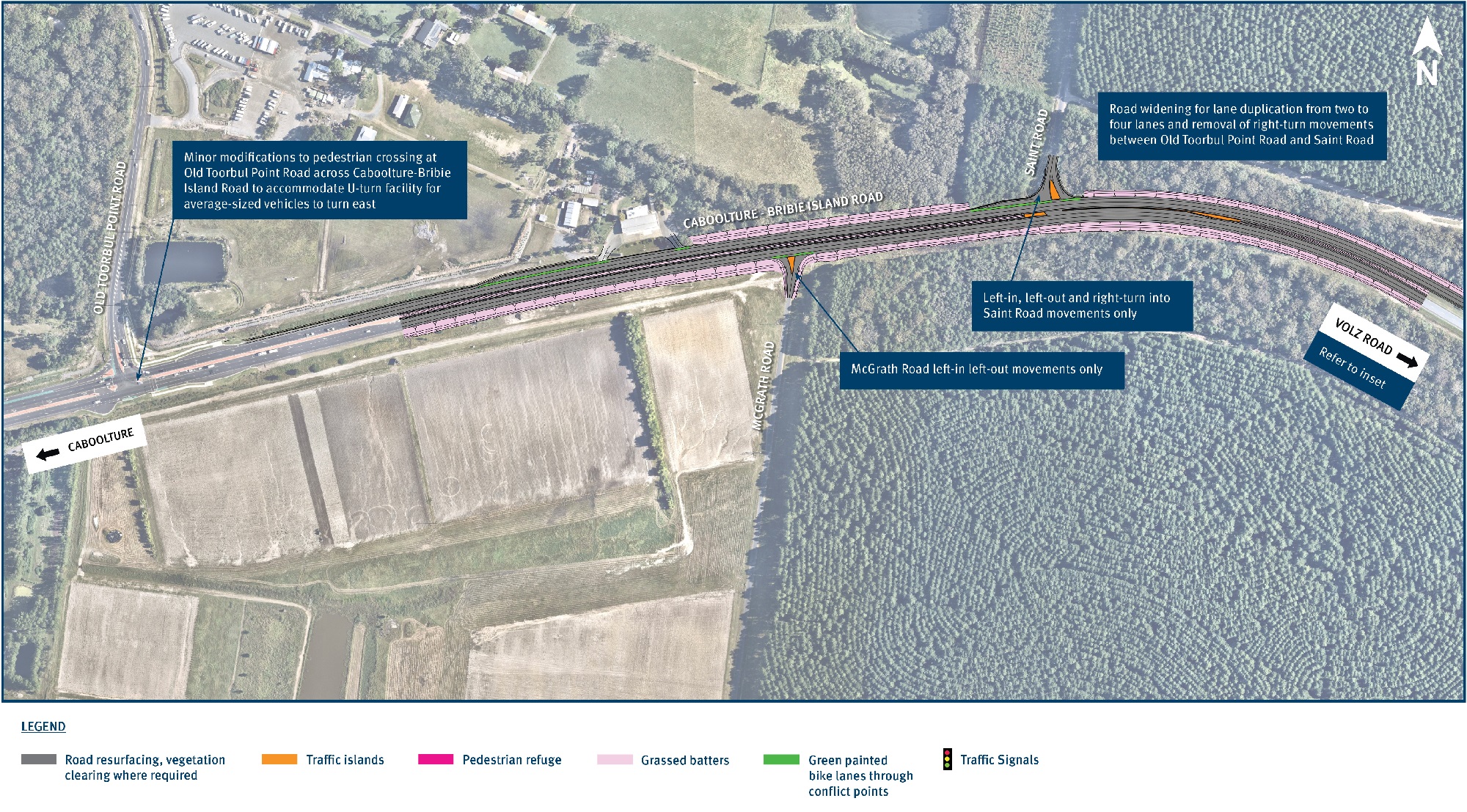Map showing duplication of Caboolture Bribie Island Road between Old Toorbul Point Road and Saint Road, signalisation of the Volz Road intersection and removal of right turns at accesses and intersections within the scope.