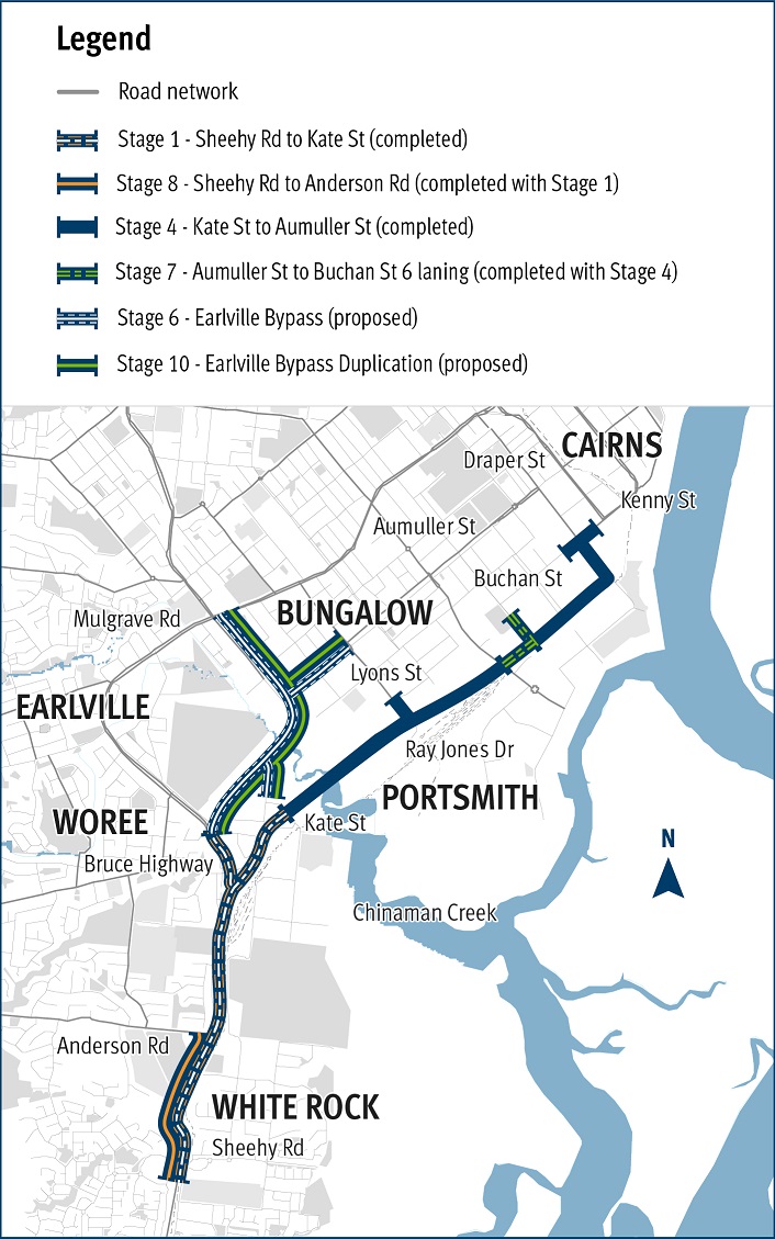 Map of Inner Cairns Road network. Areas mentioned include Kenny St, Ray Jones Drive, Bungalow, Earlville, Woree, Portsmouth, White Rock, Anderson Road and Bruce Highway.