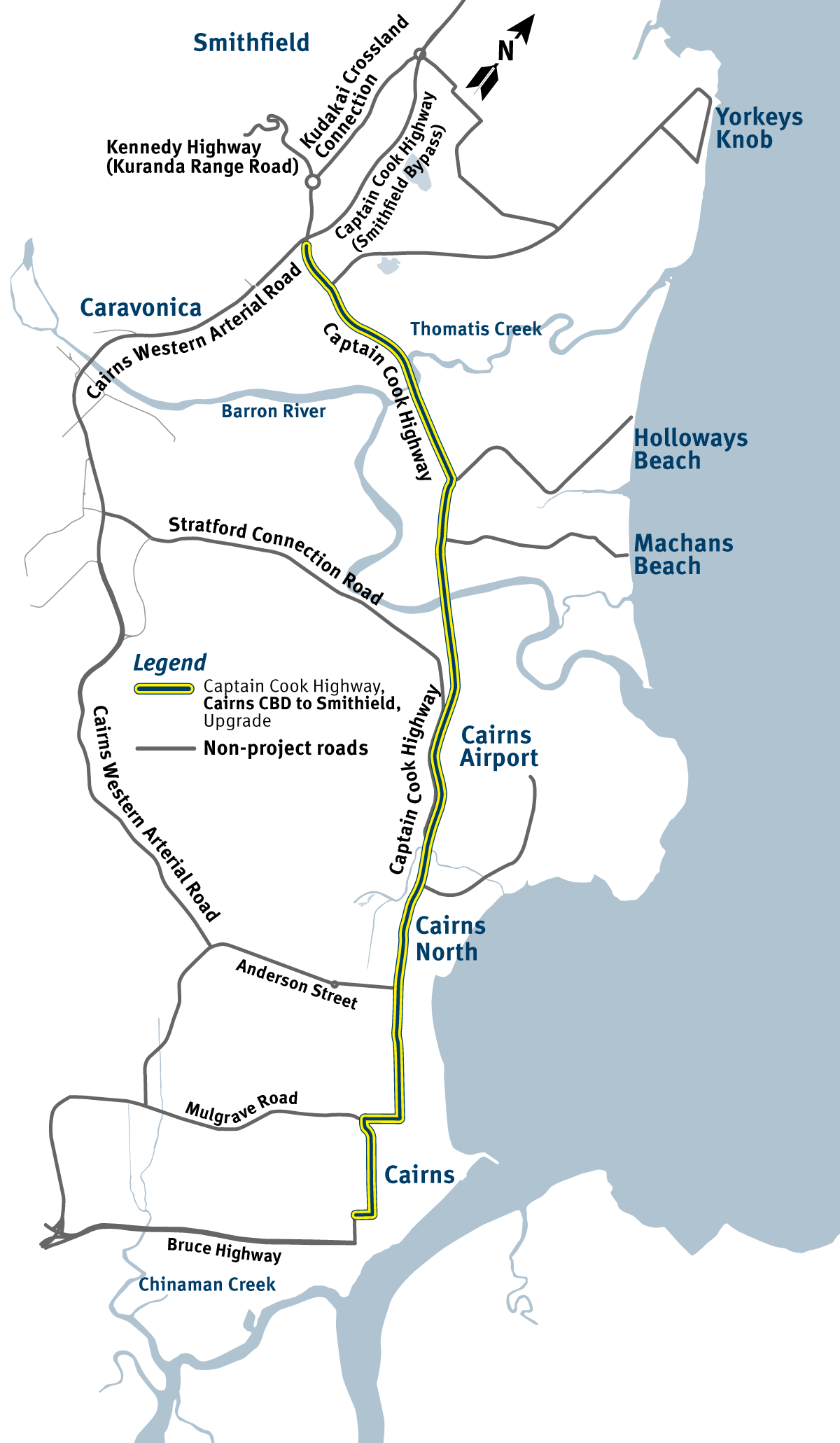 Captain Cook Highway, Cairns CBD to Smithfield, Upgrade alignment map