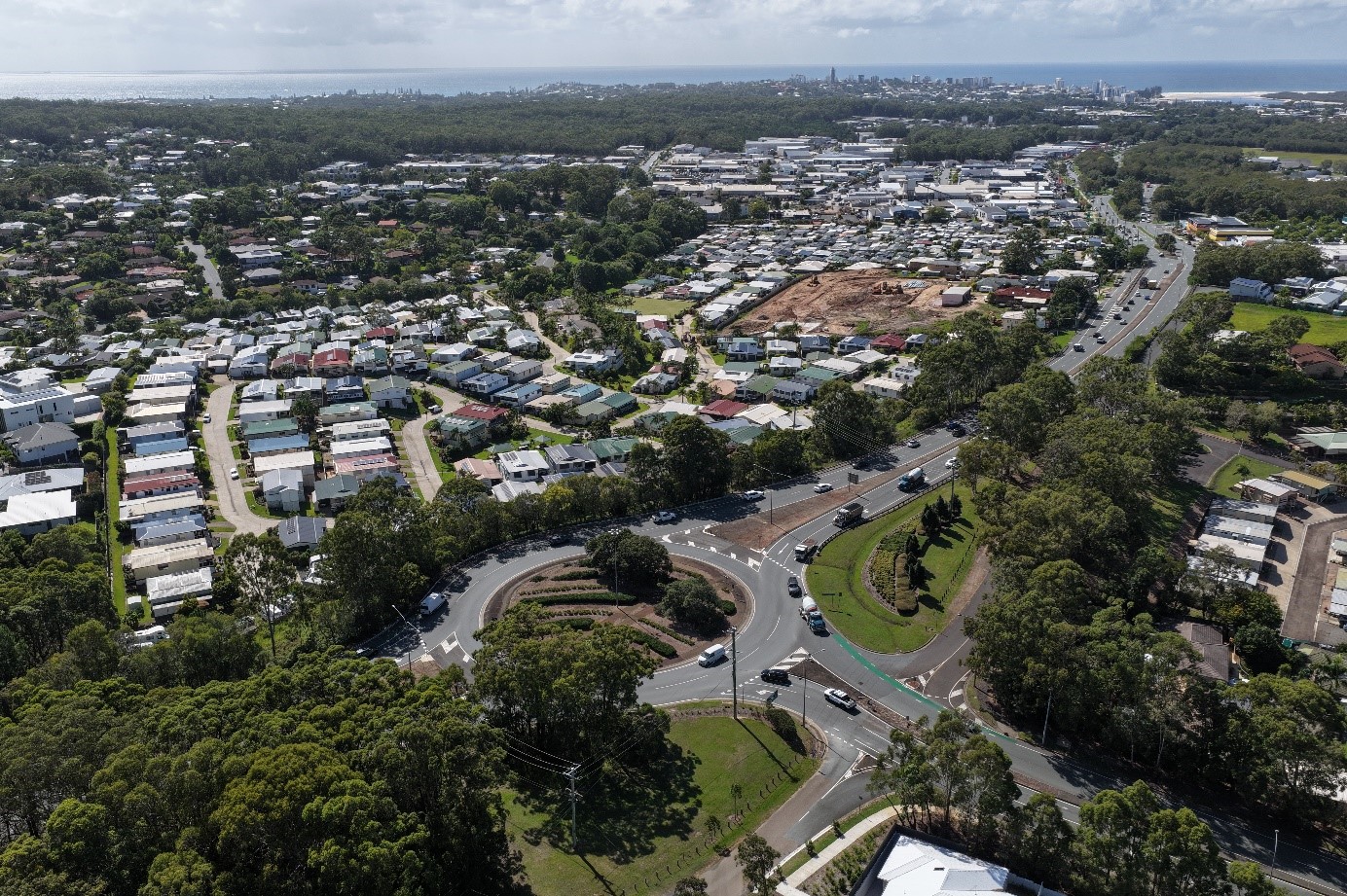 Aerial view of the Caloundra Road and Bellvista Boulevard intersection.