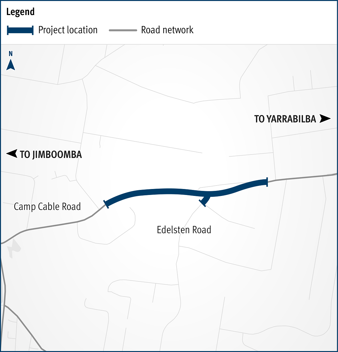 Map showing safety improvement works located at the intersection of Camp Cable Road and Edelsten Road in Jimboomba. The northern side of Camp Cable Road will be widened to allow for a dedicated right turn lane into Edlesten Road, so motorists can safely wait before turning, and through-traffic can continue ahead towards Yarrabilba. Camp Cable Road will have new formalised bus stops on both sides of the road along with an extra 2 metres of shoulder width for bicycle riders.  The existing left turn lane from Camp Cable Road onto Edelsten Road will be relinemarked as a shared left turn lane to improve traffic flow. New Stop signs will be installed on Edelsten Road at the intersection replacing the existing Give Way signs.