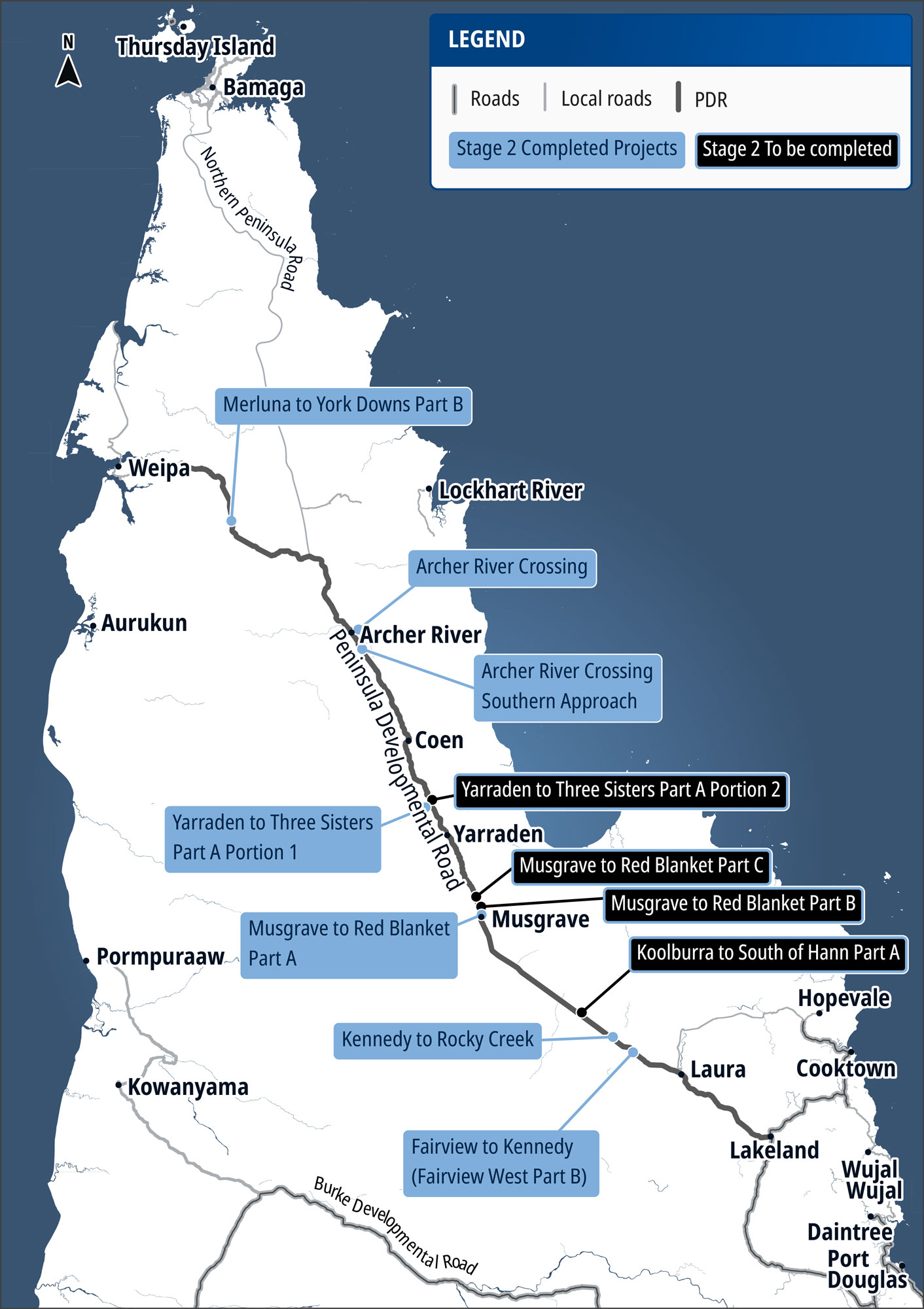 Map showing the completed Stage 2 projects in blue alongside the Stage 2 to be completed projects in black.