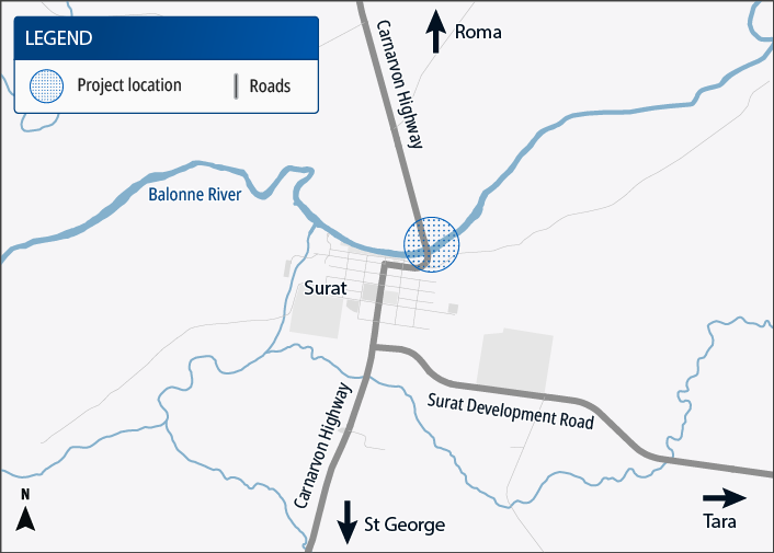 Map showing the Surat Bridge crossing the Balonne Rive and its approaches on the Carnarvon Highway at Surat.