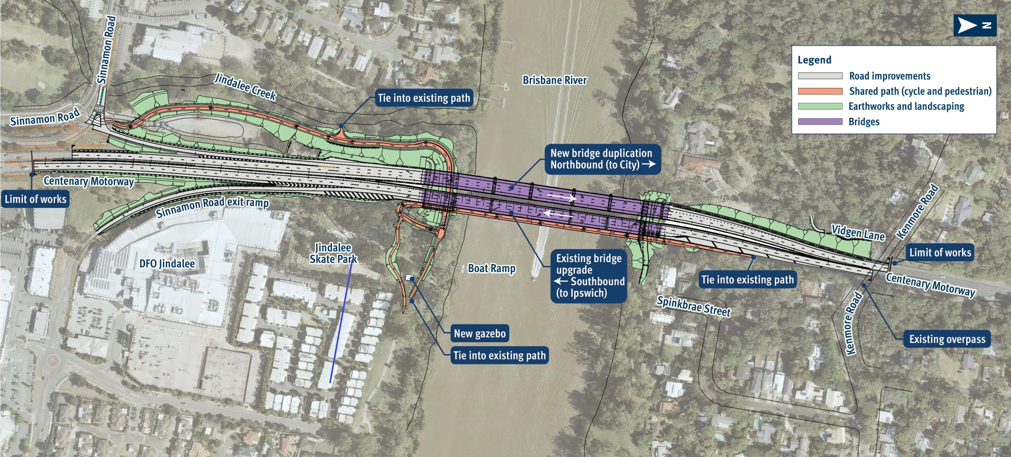 Image shows an updated concept project map for the Centenary Bridge Upgrade project as at July 2022.