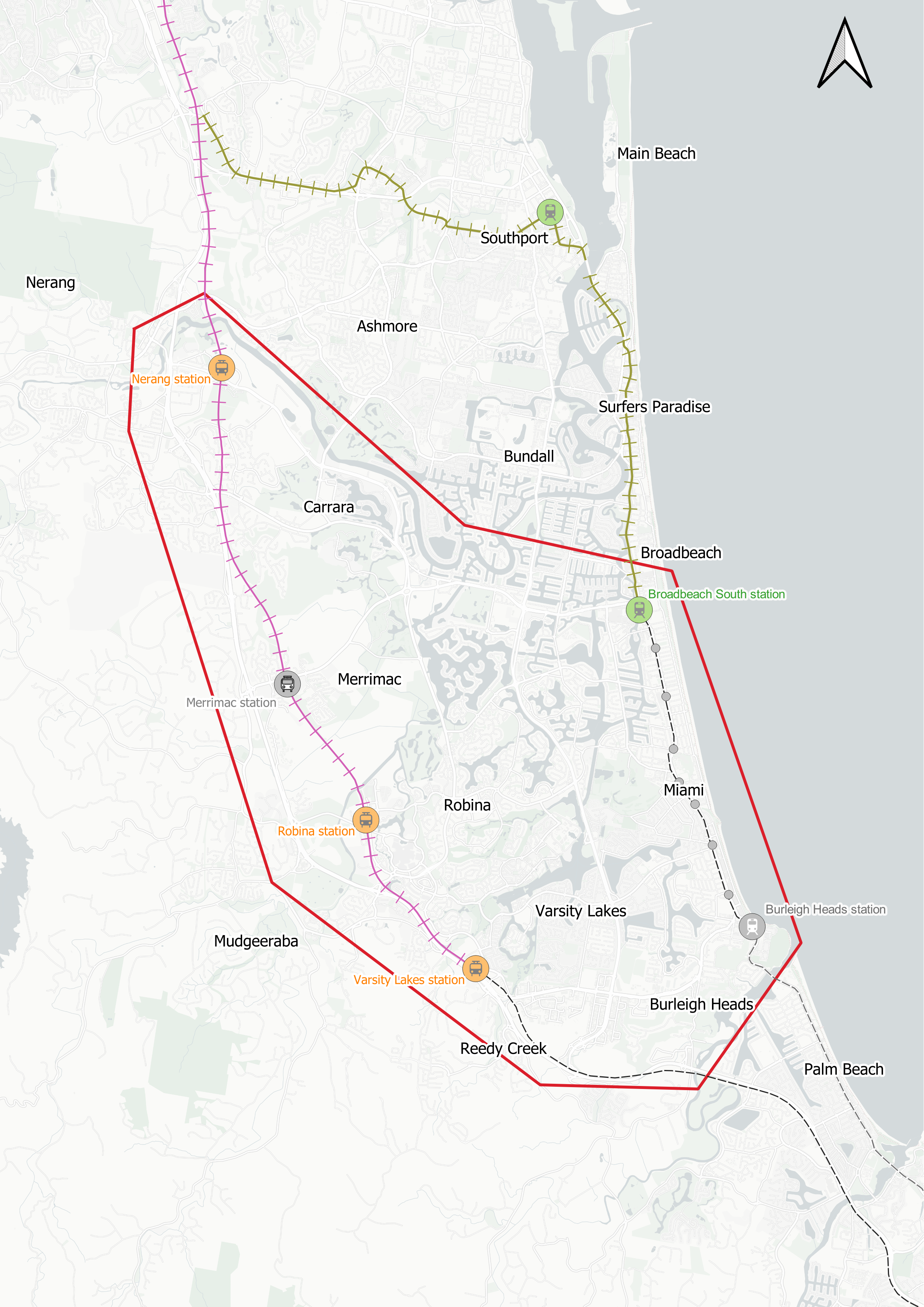 Map of Central Gold Coast East-West Passenger Transport Study boundaries