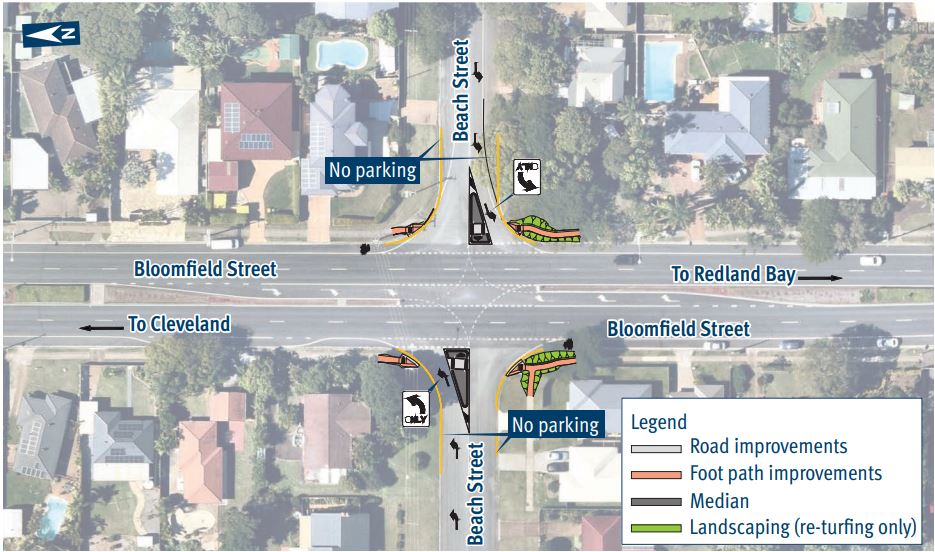 Cleveland Redland Bay Road and Beach Street upgrade project map outlining work to be undertaken