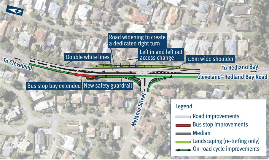 Cleveland Redland Bay Road and Mealnie Street upgrade project map outlining work to be undertaken