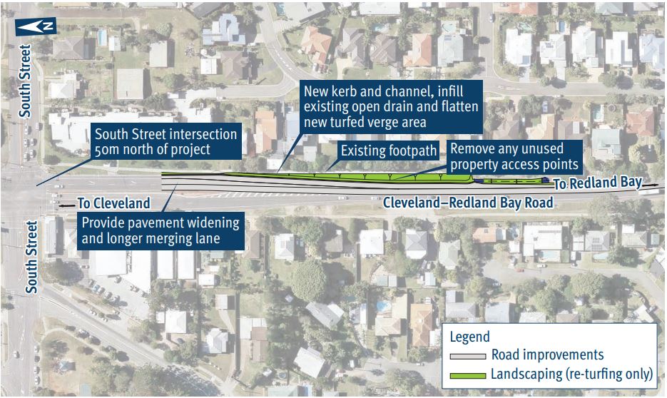 Cleveland Redland Bay Road near South Street upgrade project map outlining work to be undertaken