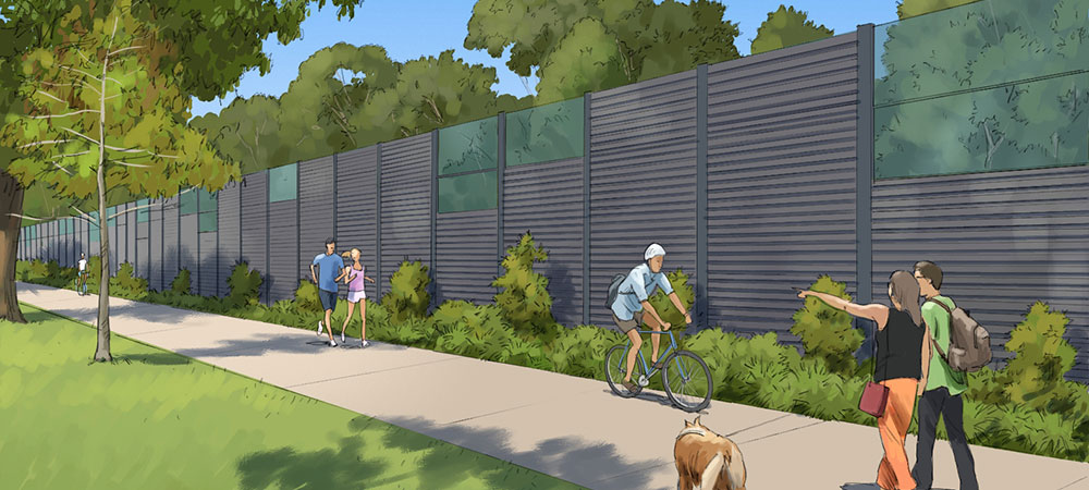 Artist impression of people walking and riding bicycles along a pathway. 