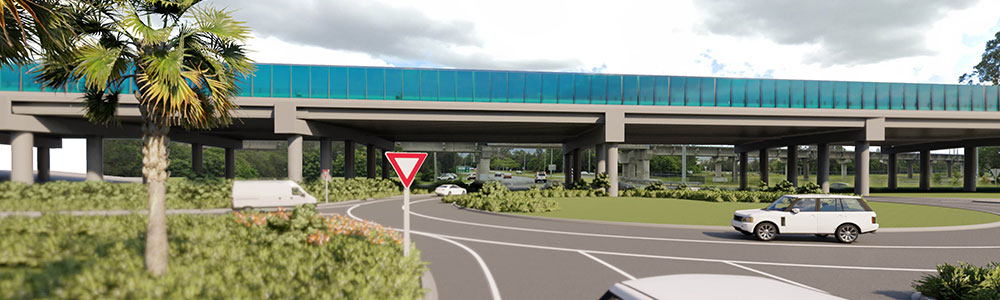 Artist’s impression Hope Island Road which shows a bridge over Hope Island Road and vehicles going round a roundabout