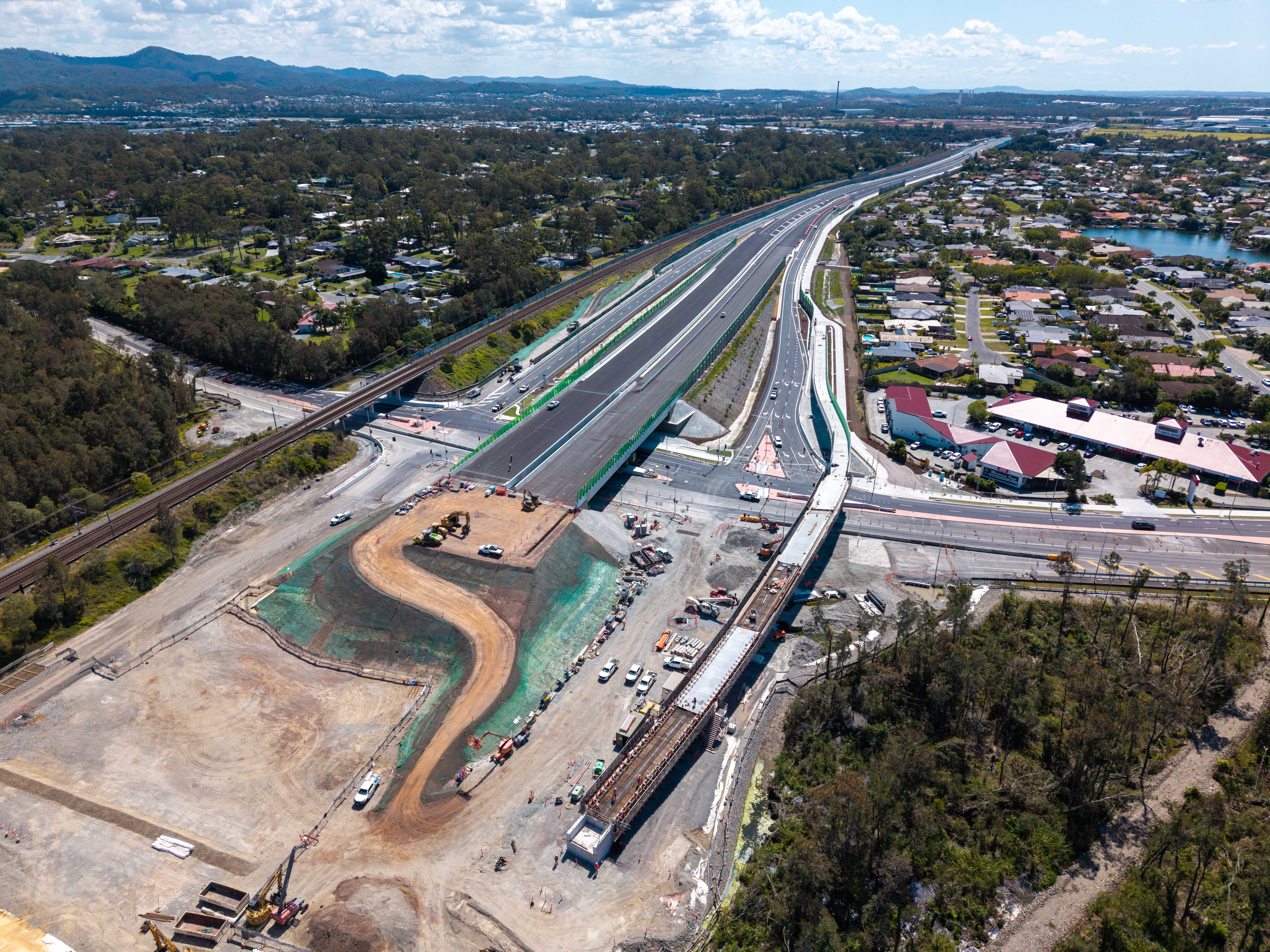 Aerial view of the work being completed on Helensvale Road, Coomera.