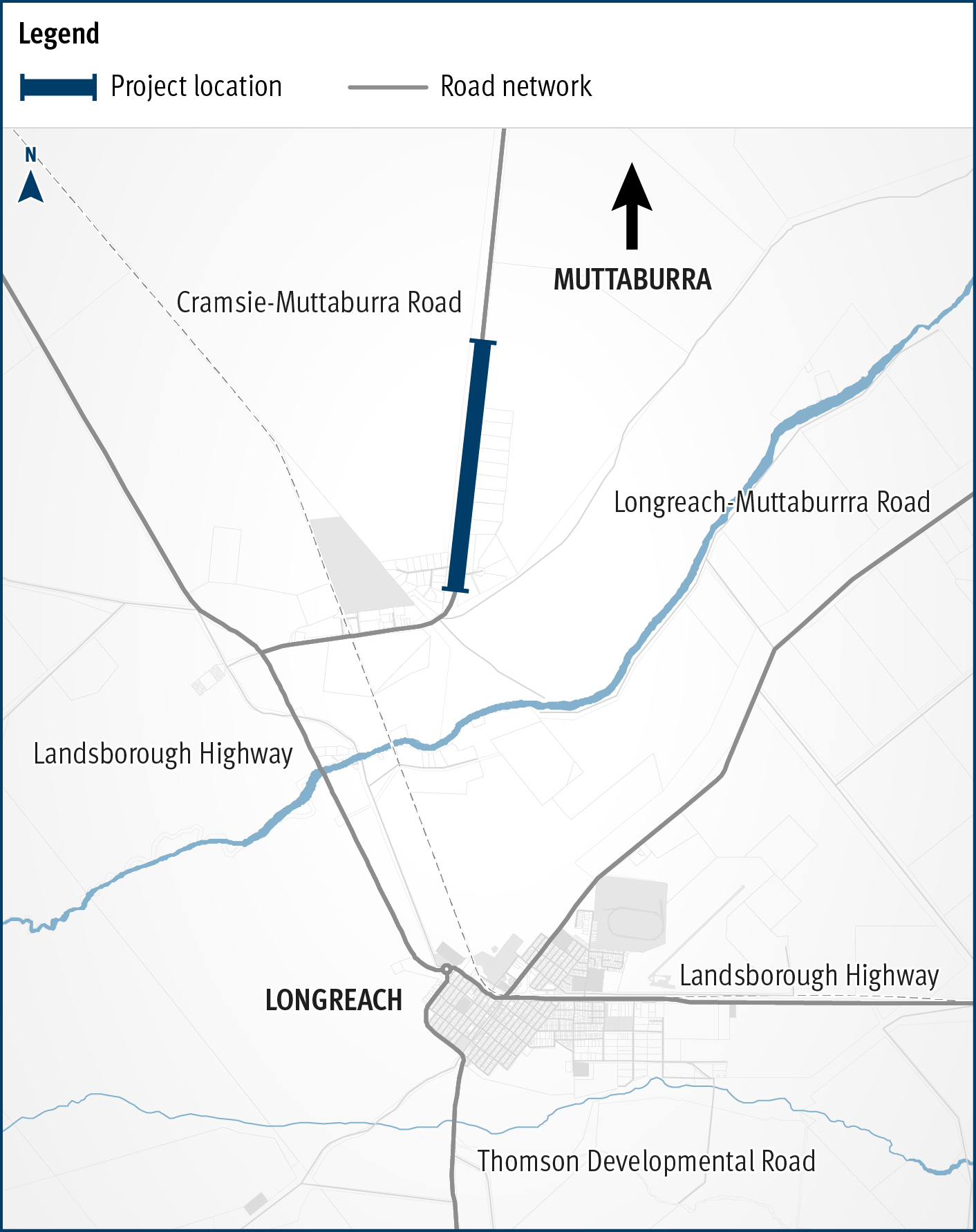 The map shows the location of rehabilitation and widening works underway on a three kilometre section of the Cramsie-Muttaburra Road. The road is situated between Longreach and Muttaburra in Central West Queensland. The map shows the proximity of the works to the Longreach township and includes the surrounding road network, such as the Landsborough Highway and local government-owned Longreach-Muttaburra Road.