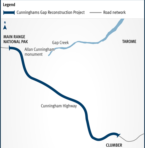 Map show the portion of the Cunningham Highway where repairs works will be undertaken. The map shows the location of the Allan Cunningham Monument (at the top of the mountain range and the end of the project site. Tarome is shown on the right of the highway. Clumber is shown to the left of the highway.